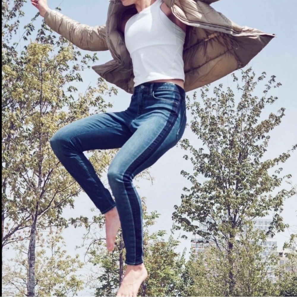 ATHLETA Scultex Yltra Skinny Denim Jeans Tuxedo Side Stripe Sport Stretch Hike